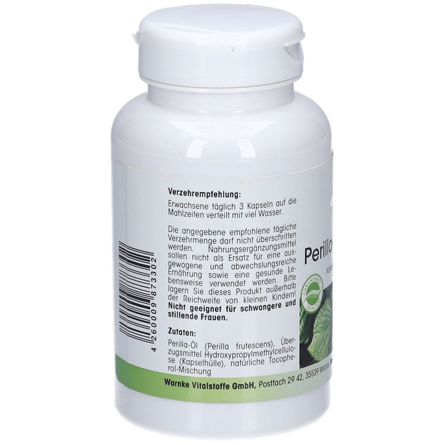 Rückseite der weißen Flasche. Text: Verzehrempfehlung, Zutaten, Wornke Vitalstoffe GmbH. Barcode.