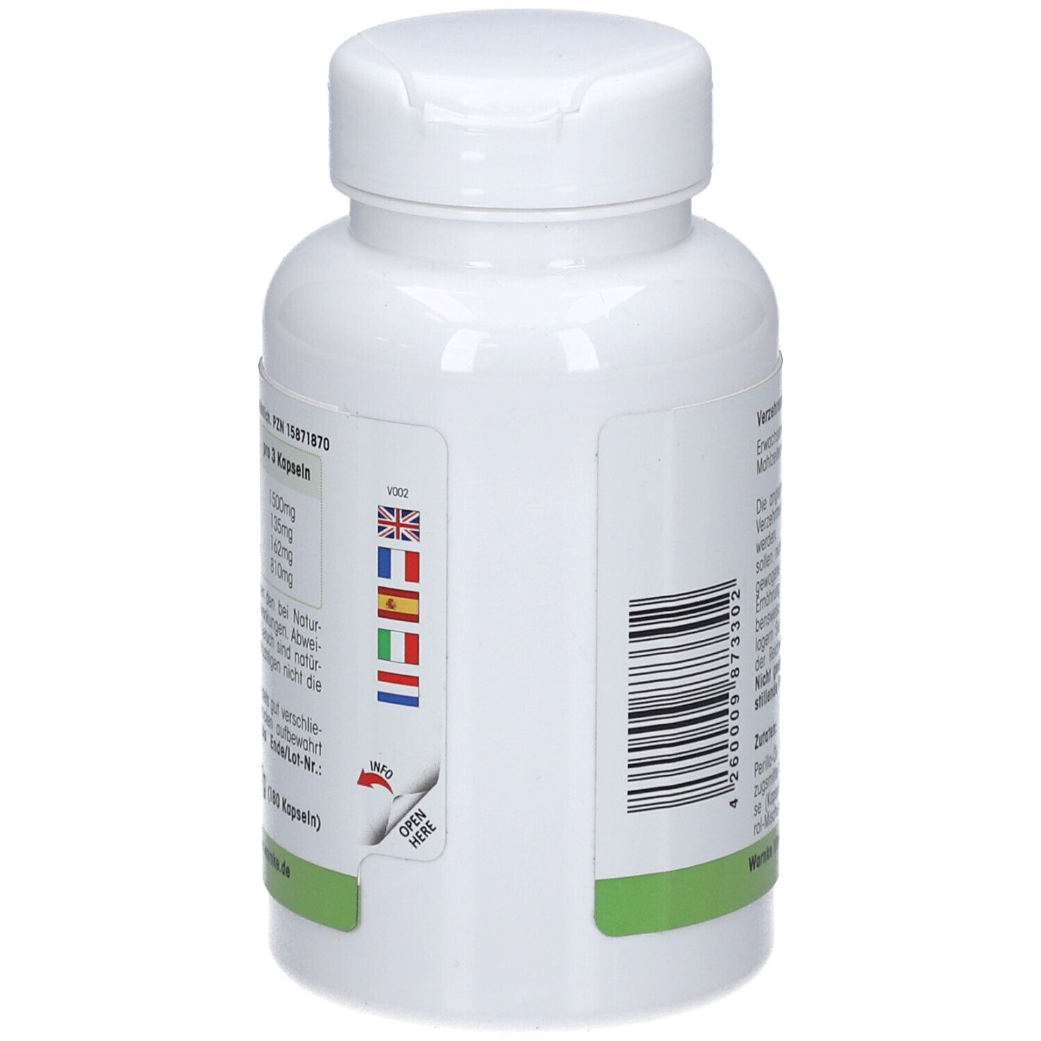 Weiße Flasche, Seitenansicht. Barcode und mehrsprachige Flaggen. Aufschrift: Perilla-Öl.