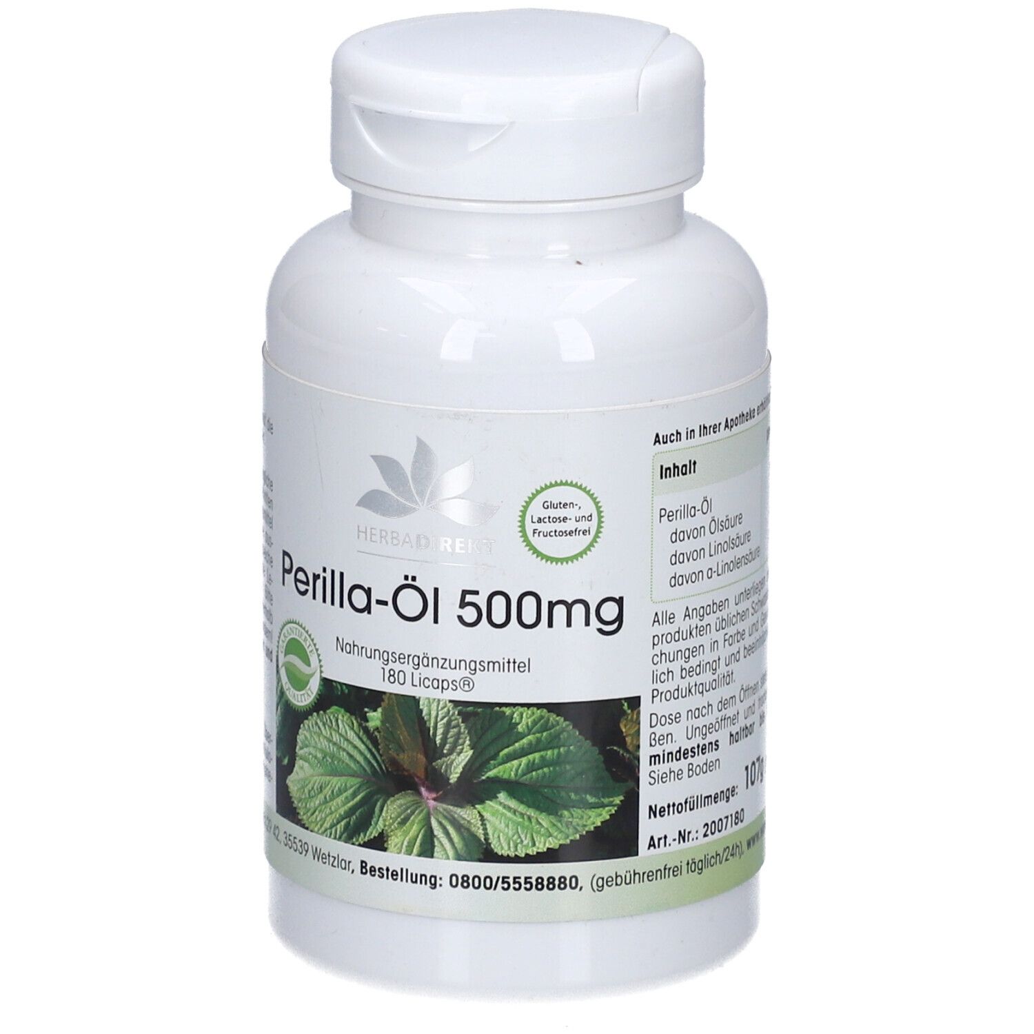Weiße Flasche mit Schraubverschluss. Aufschrift: Perilla-Öl 500mg, 180 Licaps. Logo und Pflanzenabbildung.