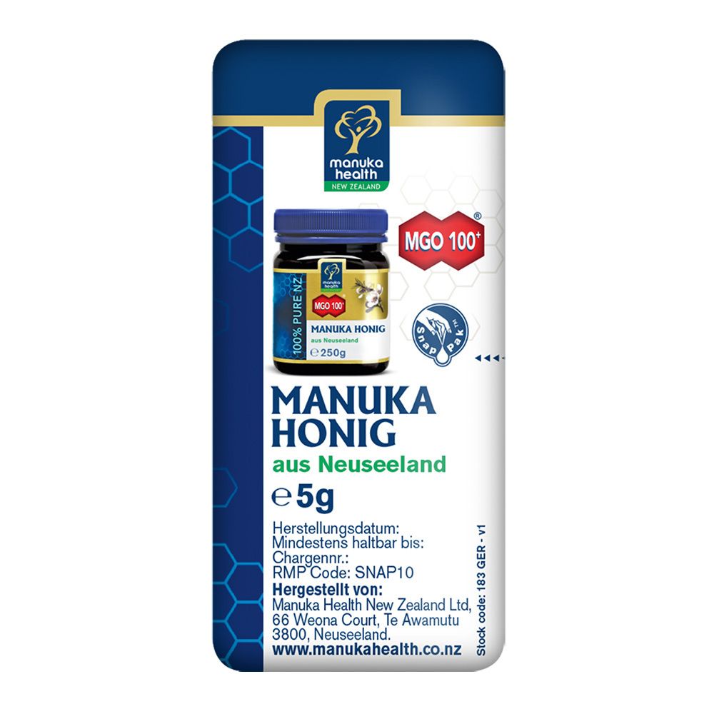 Einzelne Honig-Portion. Blaue Verpackung mit Produktname und Logo. MGO 100+.