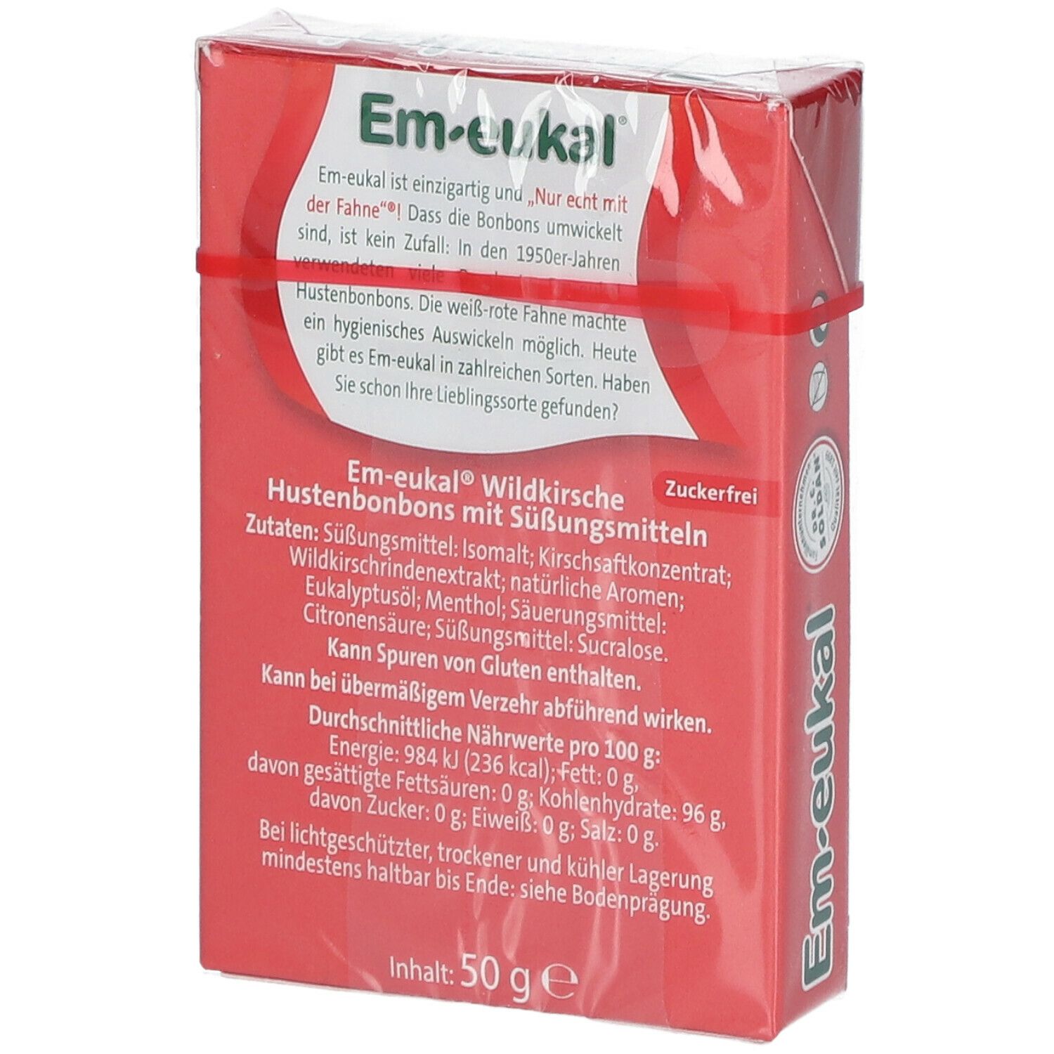 Rückseite der Verpackung mit Hustenbonbons. Aufdruck: Em-eukal Wildkirsche, zuckerfrei. Text und Nährwertangaben.