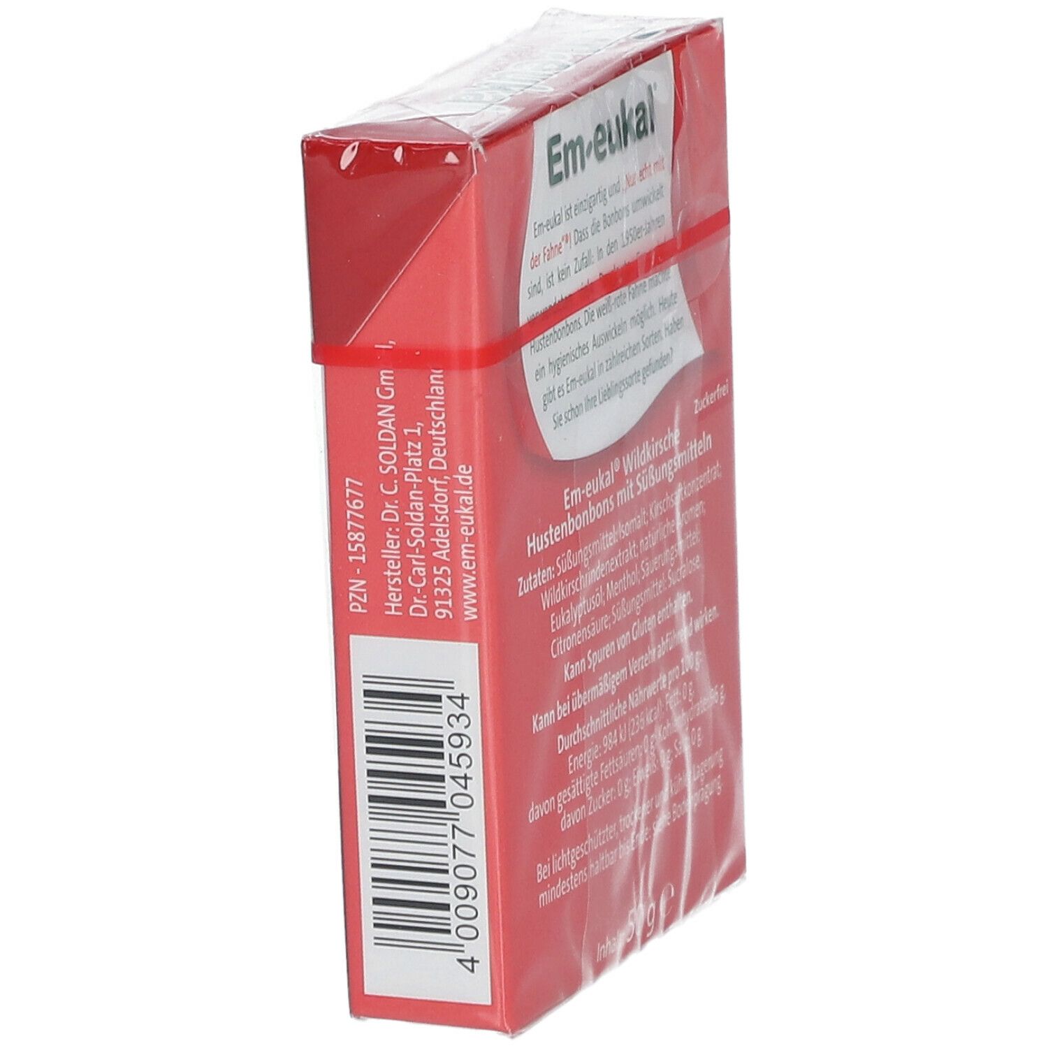 Seite der Verpackung mit Hustenbonbons. Aufdruck: Em-eukal Wildkirsche, zuckerfrei. Text und Barcode.