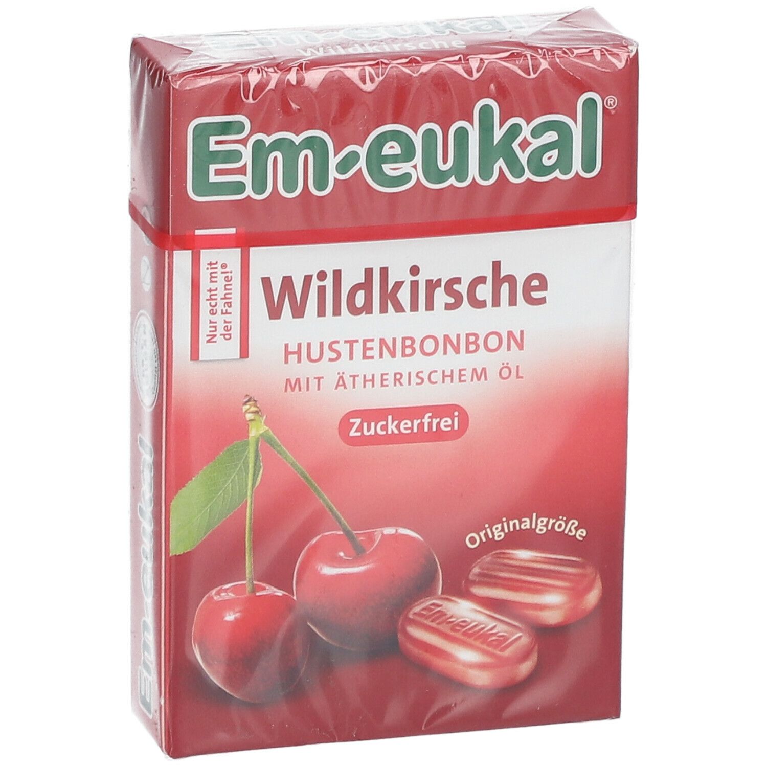 Verpackung mit Hustenbonbons. Aufdruck: Em-eukal Wildkirsche, zuckerfrei. Ansicht von der Seite.