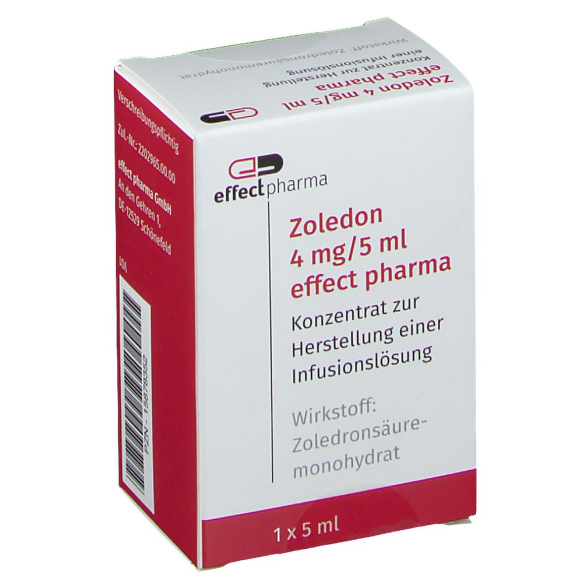 Karton von Zoledon 4 mg/5 ml effect pharma. Rote und weiße Verpackung mit Produktinformationen und Logo.