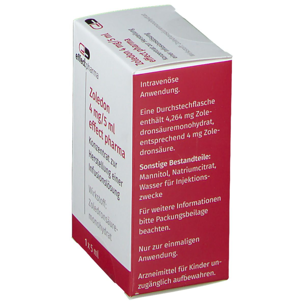Karton von Zoledon 4 mg/5 ml effect pharma. Detailansicht mit Produktinformationen und Logo.