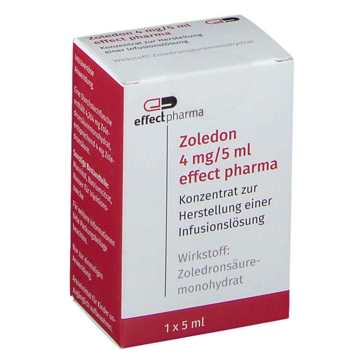 Karton von Zoledon 4 mg/5 ml effect pharma. Rote und weiße Verpackung mit Produktinformationen und Logo.