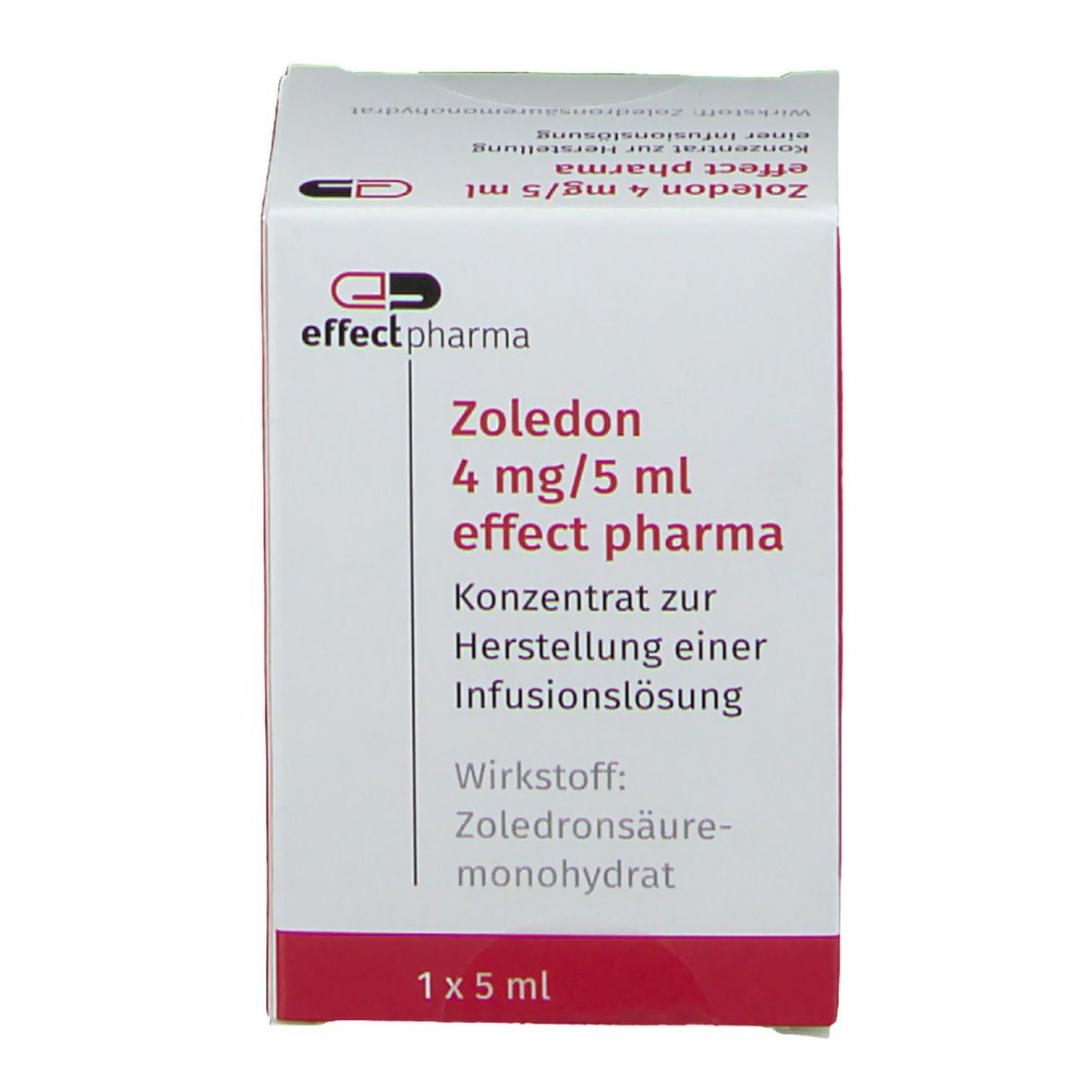 Karton von Zoledon 4 mg/5 ml effect pharma. Rote und weiße Verpackung mit Produktinformationen und Logo.