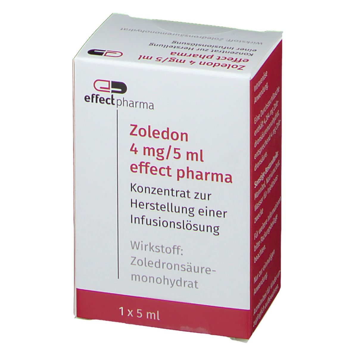 Karton von Zoledon 4 mg/5 ml effect pharma. Rote und weiße Verpackung mit Produktinformationen und Logo.