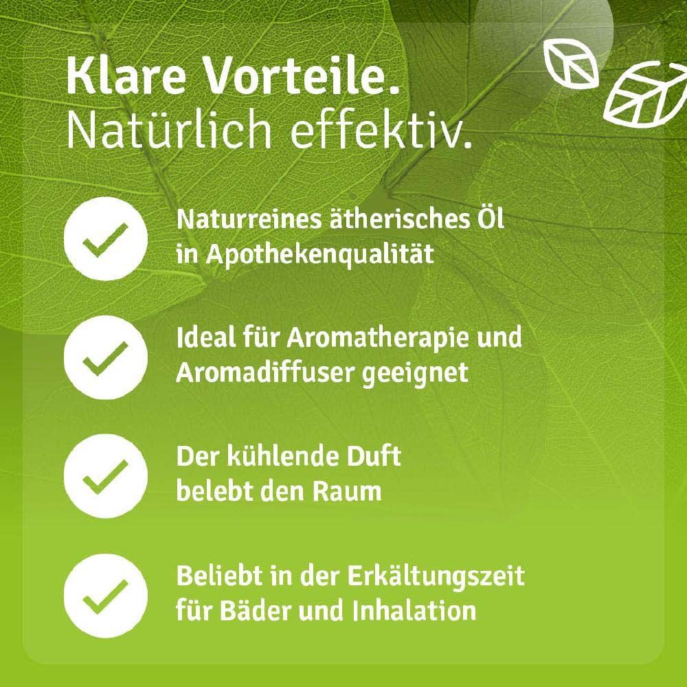 Infografik mit Vorteilen: naturreines ätherisches Öl, für Aromatherapie, erfrischender Duft, Erkältungszeit.