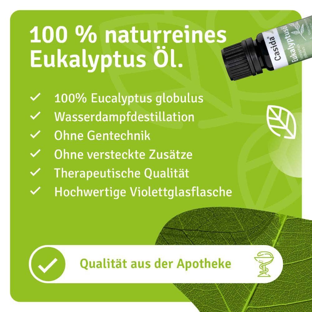 Infografik mit Vorteilen. 100% naturreines Eukalyptus Öl. Qualität aus der Apotheke. Ohne Gentechnik.