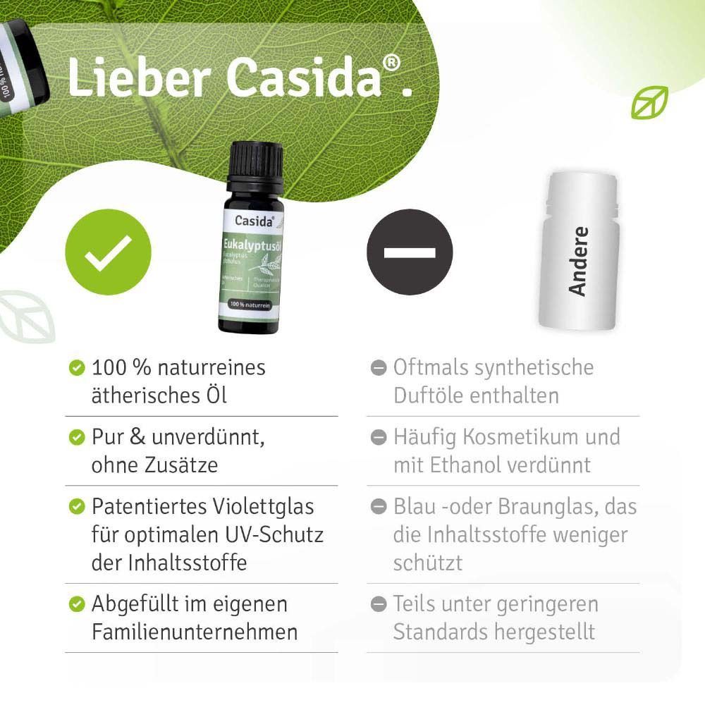 Infografik mit Vorteilen. 100% naturreines ätherisches Öl. Rein & unverdünnt. Violettglas für UV-Schutz.