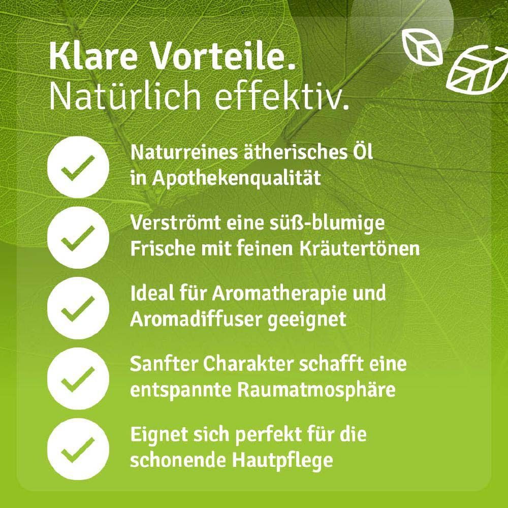 Grüner Hintergrund mit Text. Vorteile: naturreines ätherisches Öl, süß-blumige Frische, ideal für Aromatherapie, sanfter Charakter, Hautpflege.