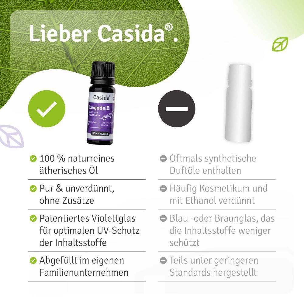 Vergleich: Casida Lavendelöl vs. synthetische Düfte. Vorteile: 100% naturrein, pur, patentiertes Violettglas, abgefüllt im Familienunternehmen.