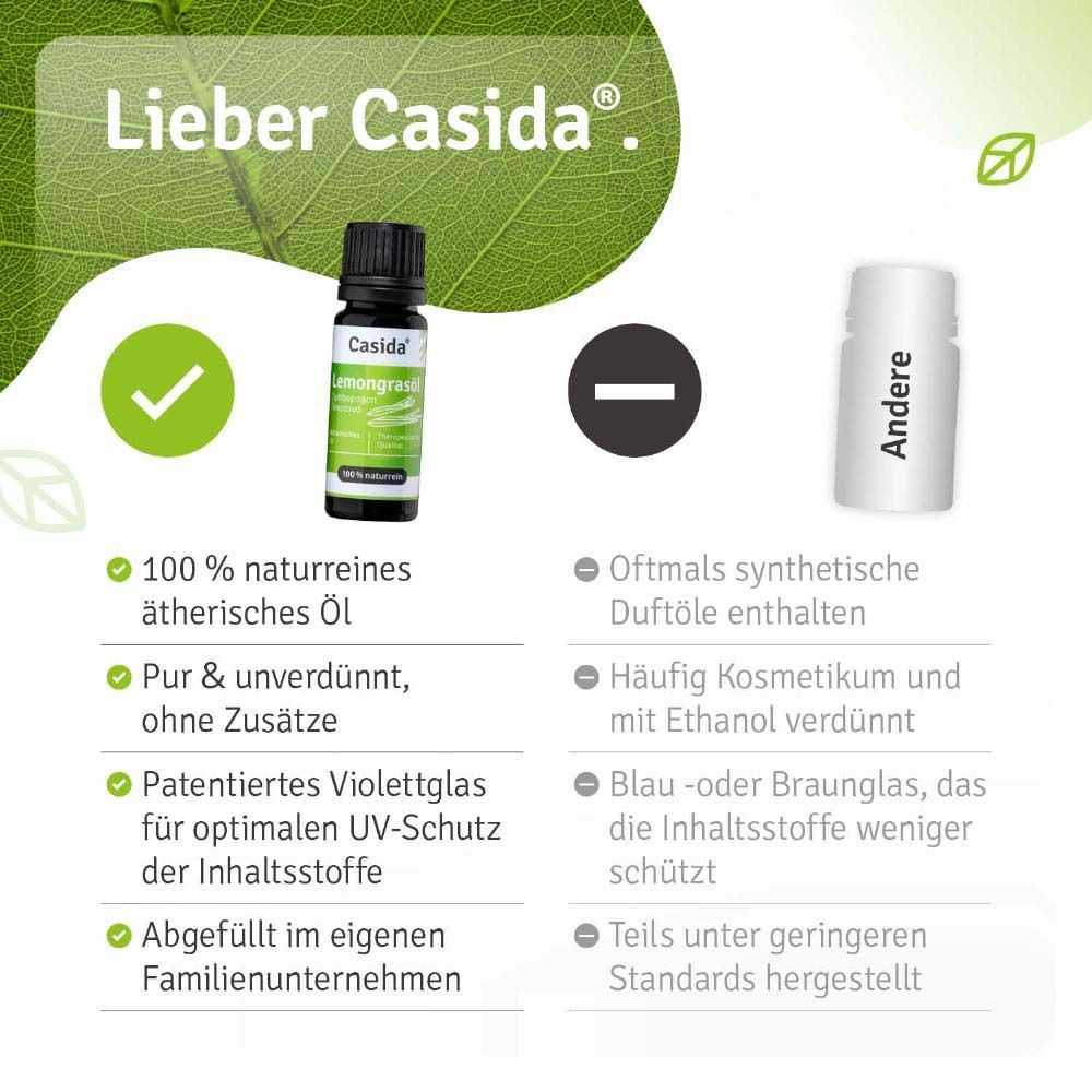 Vergleich von Casida-Öl mit anderen. Casida: 100% naturrein, pur, UV-Schutz. Andere: synthetisch, verdünnt.