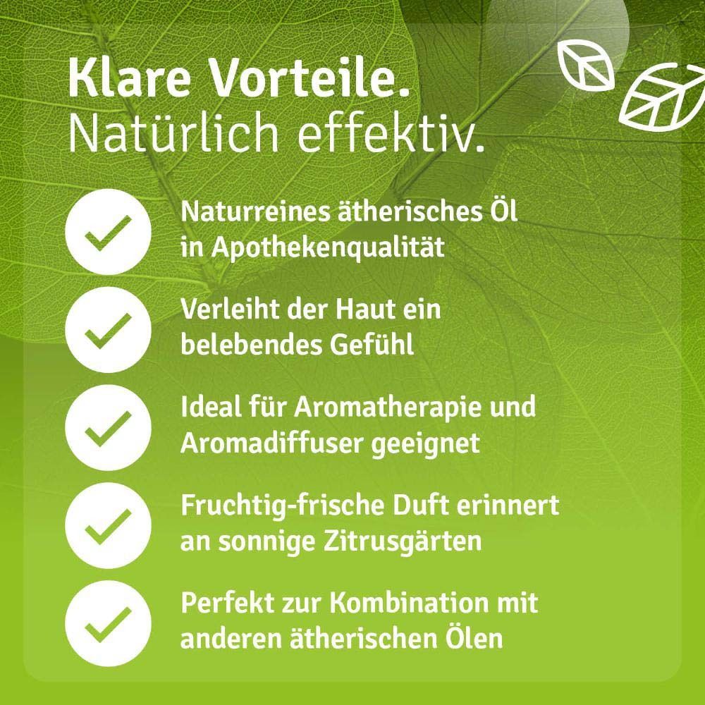 Text mit grünen Häkchen. Text: Klare Vorteile. Naturreines ätherisches Öl, für Aromatherapie geeignet.
