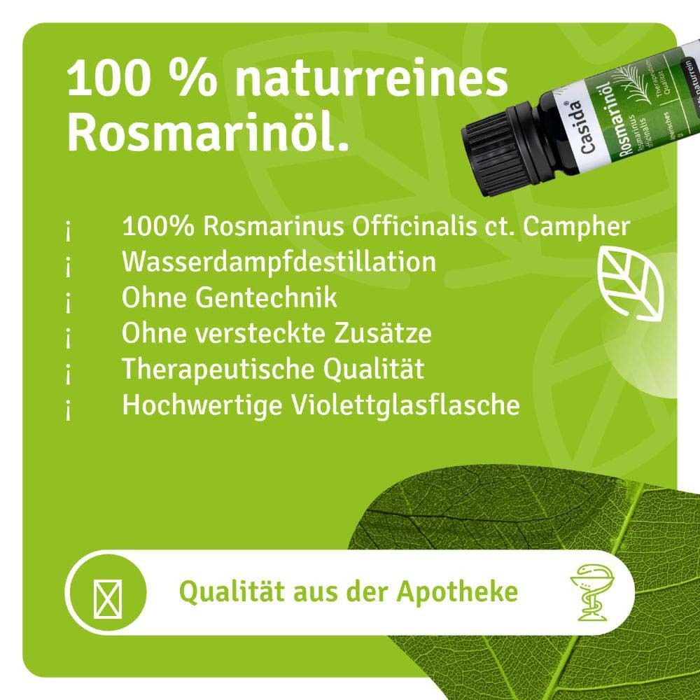 Grüner Hintergrund mit Text: 100% naturreines Rosmarinöl. Qualität aus der Apotheke.