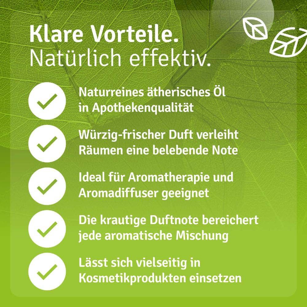 Grüner Hintergrund mit Text: Klare Vorteile. Naturreines ätherisches Öl, ideal für Aromatherapie.