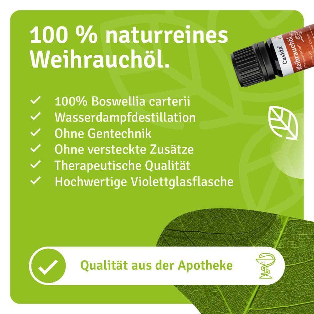 Produktflasche mit Text auf grünem Hintergrund. 100% naturreines Weihrauchöl. Qualität aus der Apotheke. Mehrere Qualitätsmerkmale.