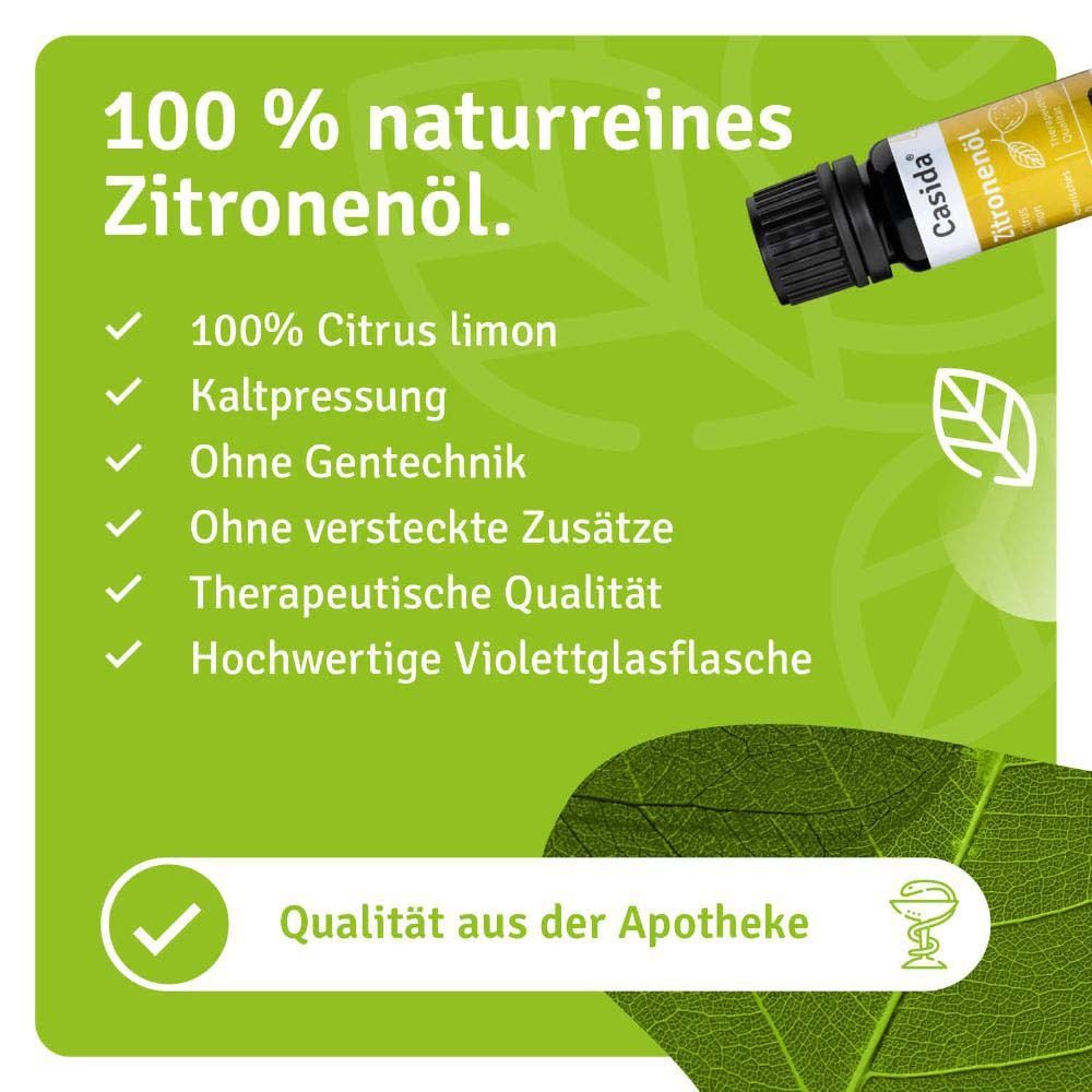 Glasflasche "Casida Zitronenöl". Text: "100 % naturreines Zitronenöl". Qualität aus der Apotheke. Check-Zeichen.