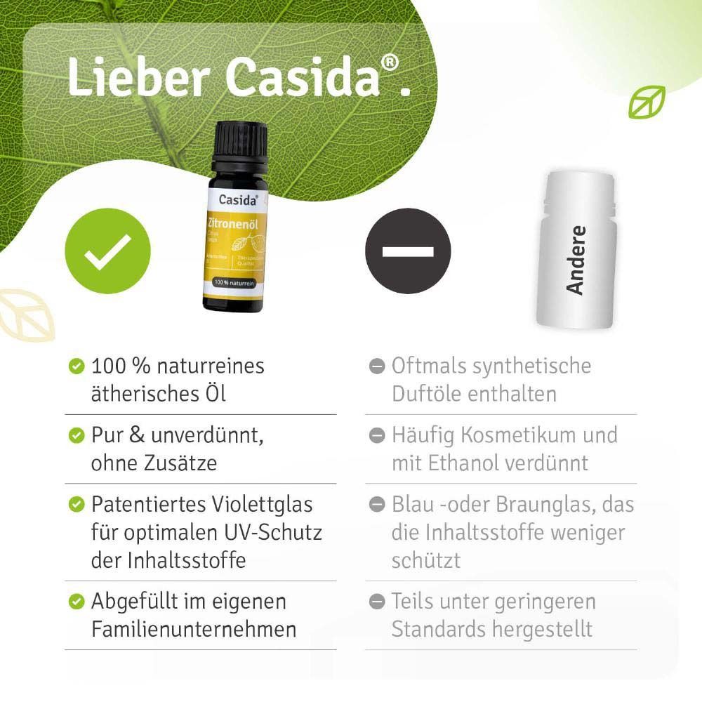 Glasflasche "Casida Zitronenöl" neben Vergleich. Text: "Lieber Casida". Vorteile und Nachteile. Violettglas.