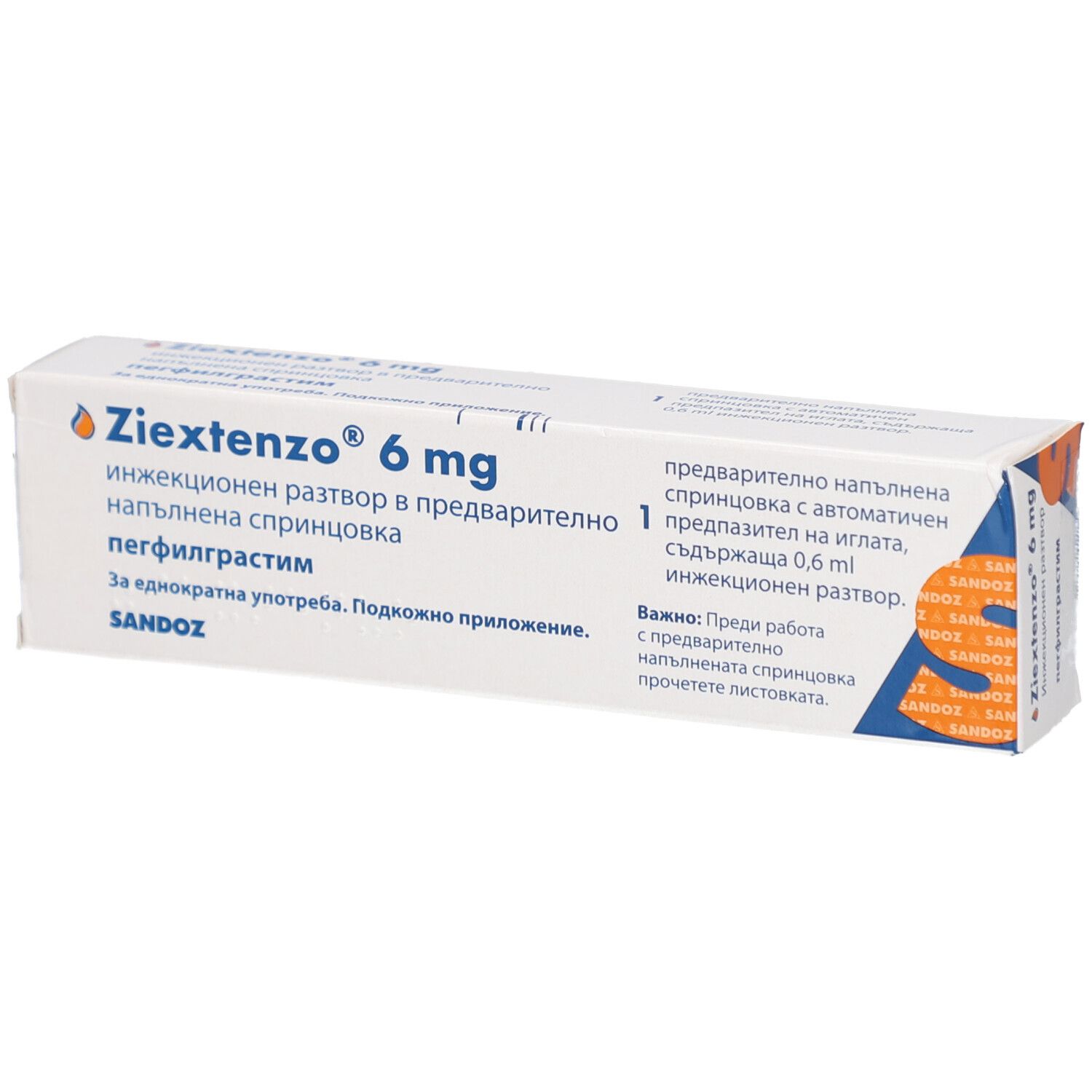 Ziextenzo 6 mg-Packung. Enthält eine Fertigspritze mit 0,6 ml Injektionslösung. Sandoz-Logo.