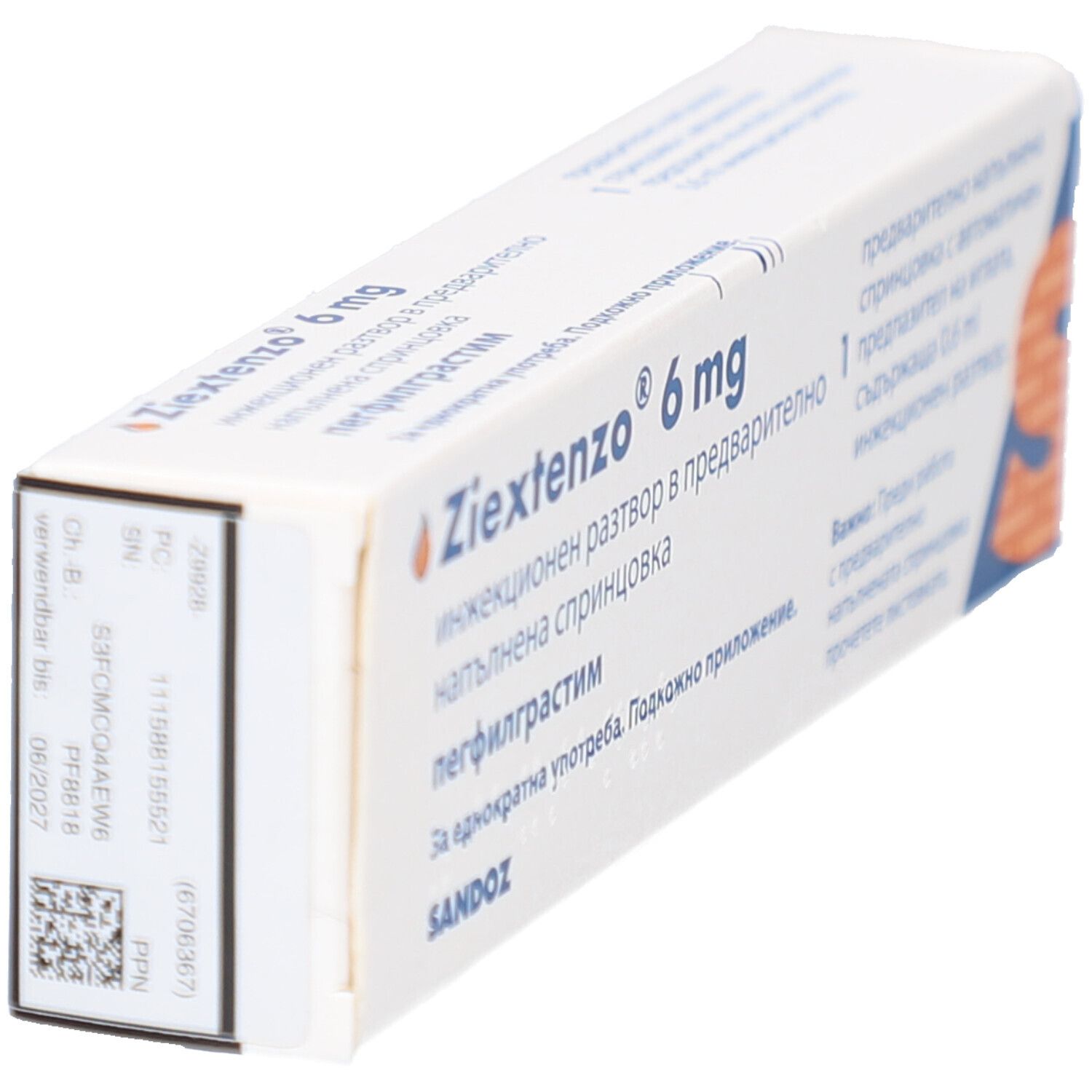 Ziextenzo 6 mg-Packung. Seitenansicht mit Text und Barcode. Sandoz-Logo.
