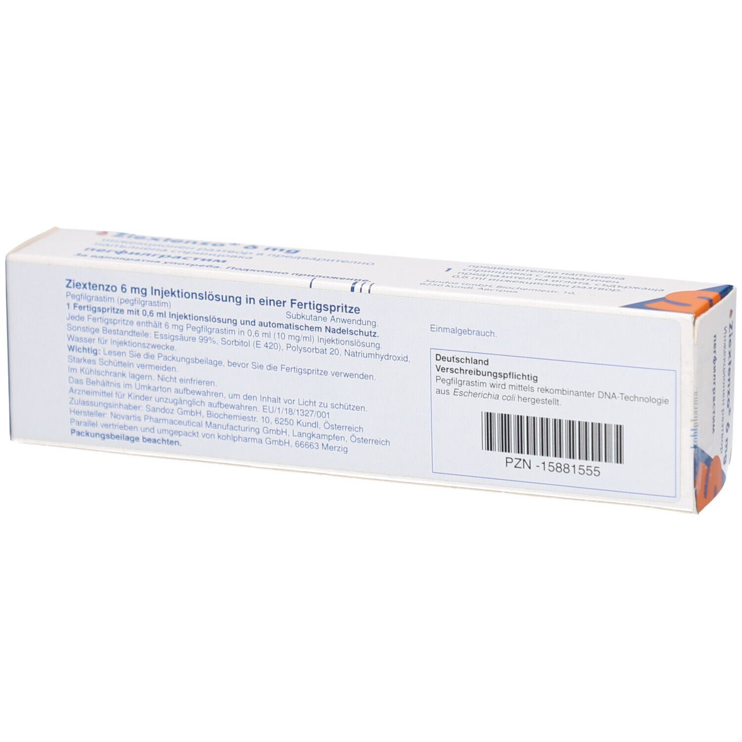 Rückseite der Ziextenzo 6 mg-Packung. Enthält Informationen und Barcode. PZN-15881555.