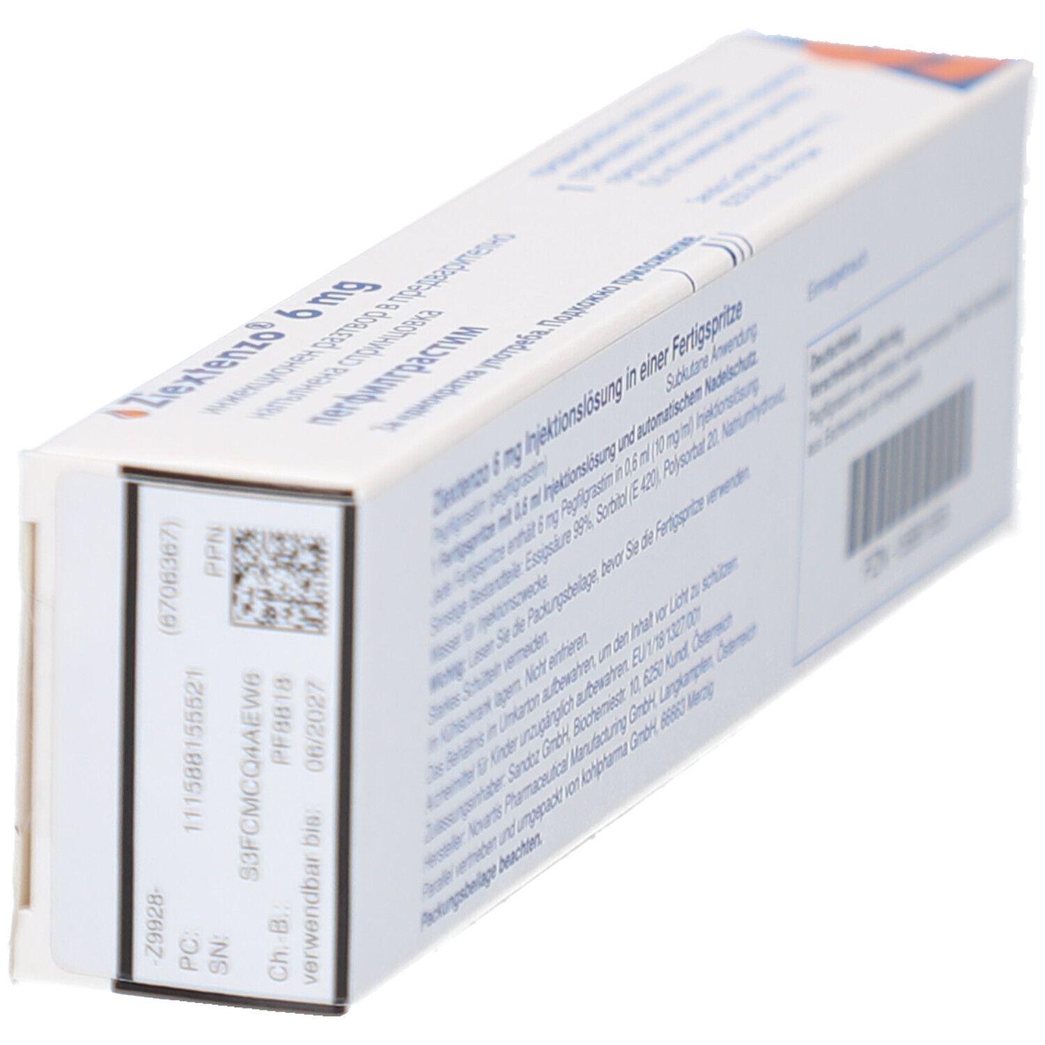 Seitenansicht der Ziextenzo 6 mg-Packung. Barcode und Text sichtbar. PZN-15881555.