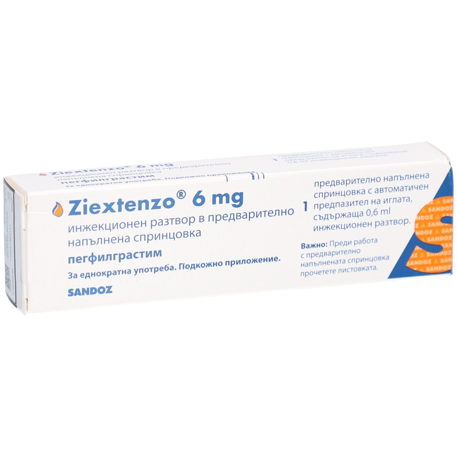 Ziextenzo 6 mg-Packung. Enthält eine Fertigspritze mit 0,6 ml Injektionslösung. Sandoz-Logo.