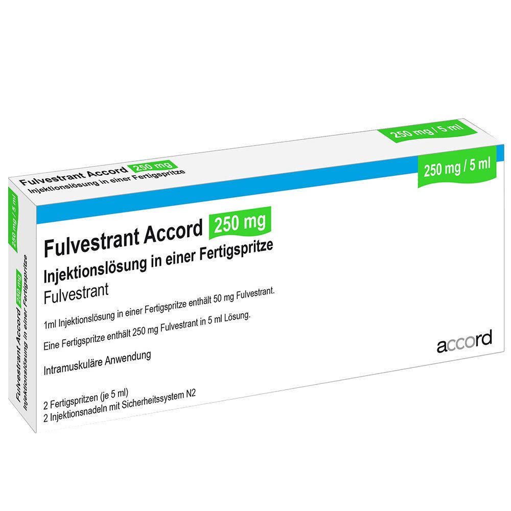 Verpackung von Fulvestrant Accord 250 mg. Enthält 2 Fertigspritzen und 2 Injektionsnadeln. Text: Injektionslösung in einer Fertigspritze.