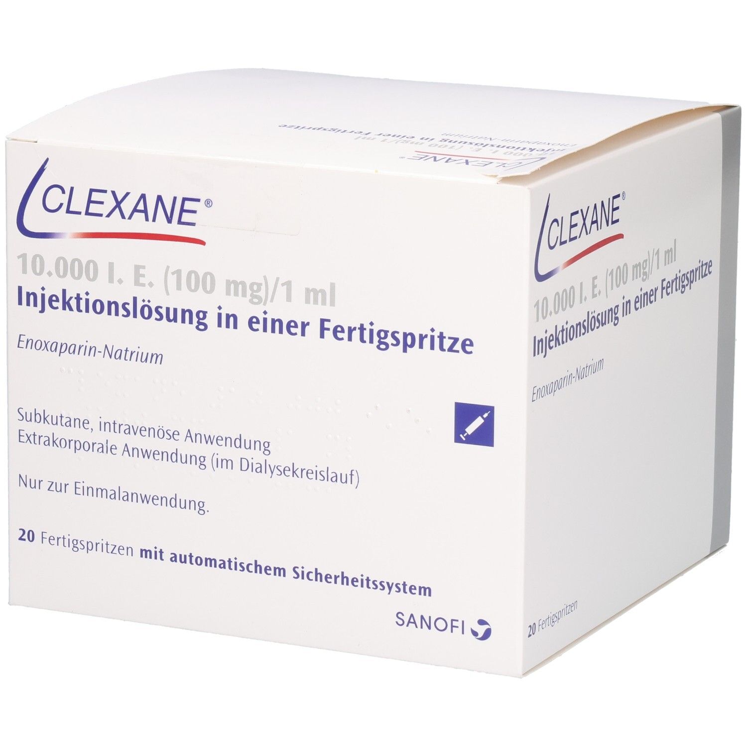 Weiße Faltschachtel mit Clexane-Logo und Produktinformationen. Enthält 20 Fertigspritzen mit Sicherheitsmechanismus.