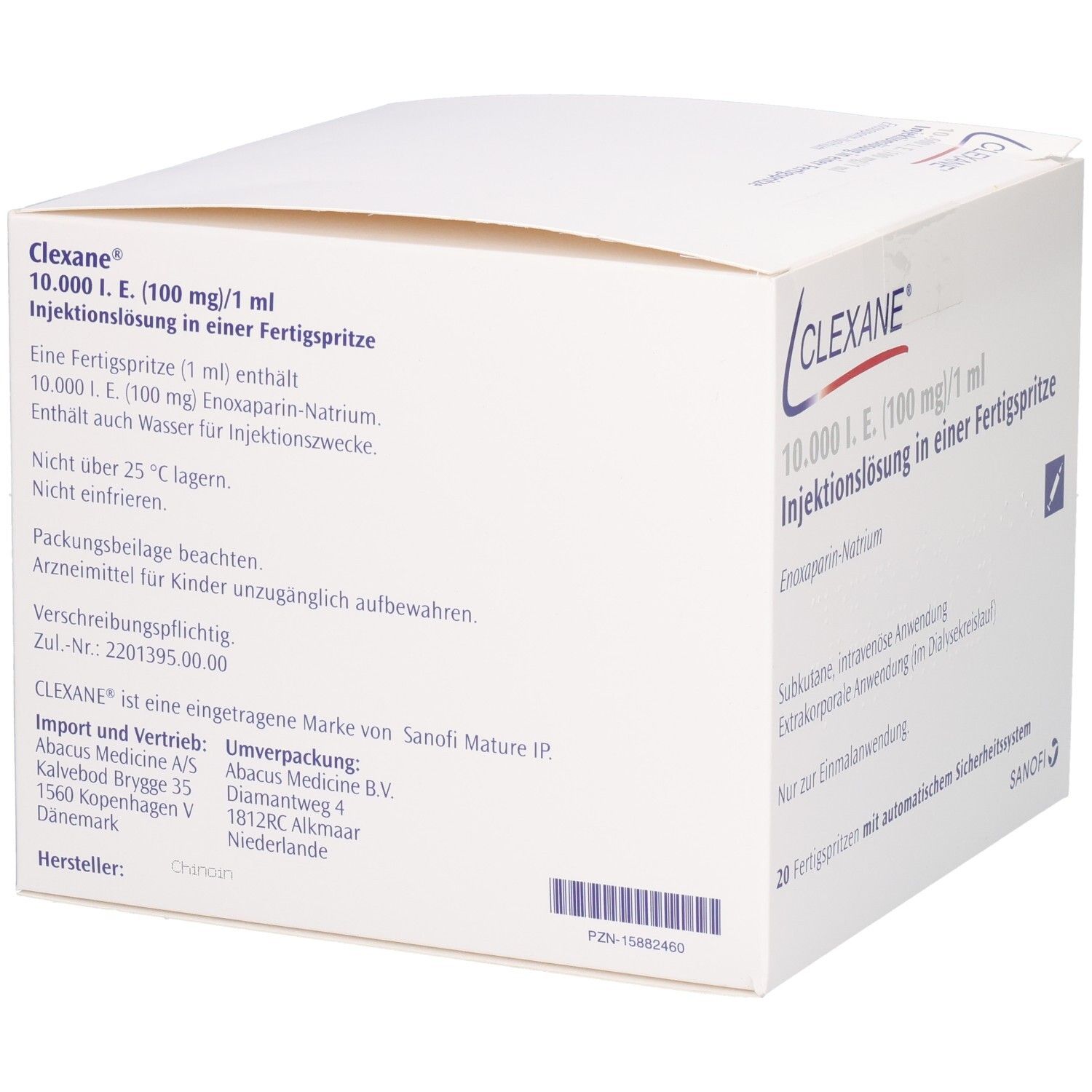 Weiße Faltschachtel mit Clexane-Logo und Produktinformationen. Text auf Deutsch. Rückseite mit weiteren Details.