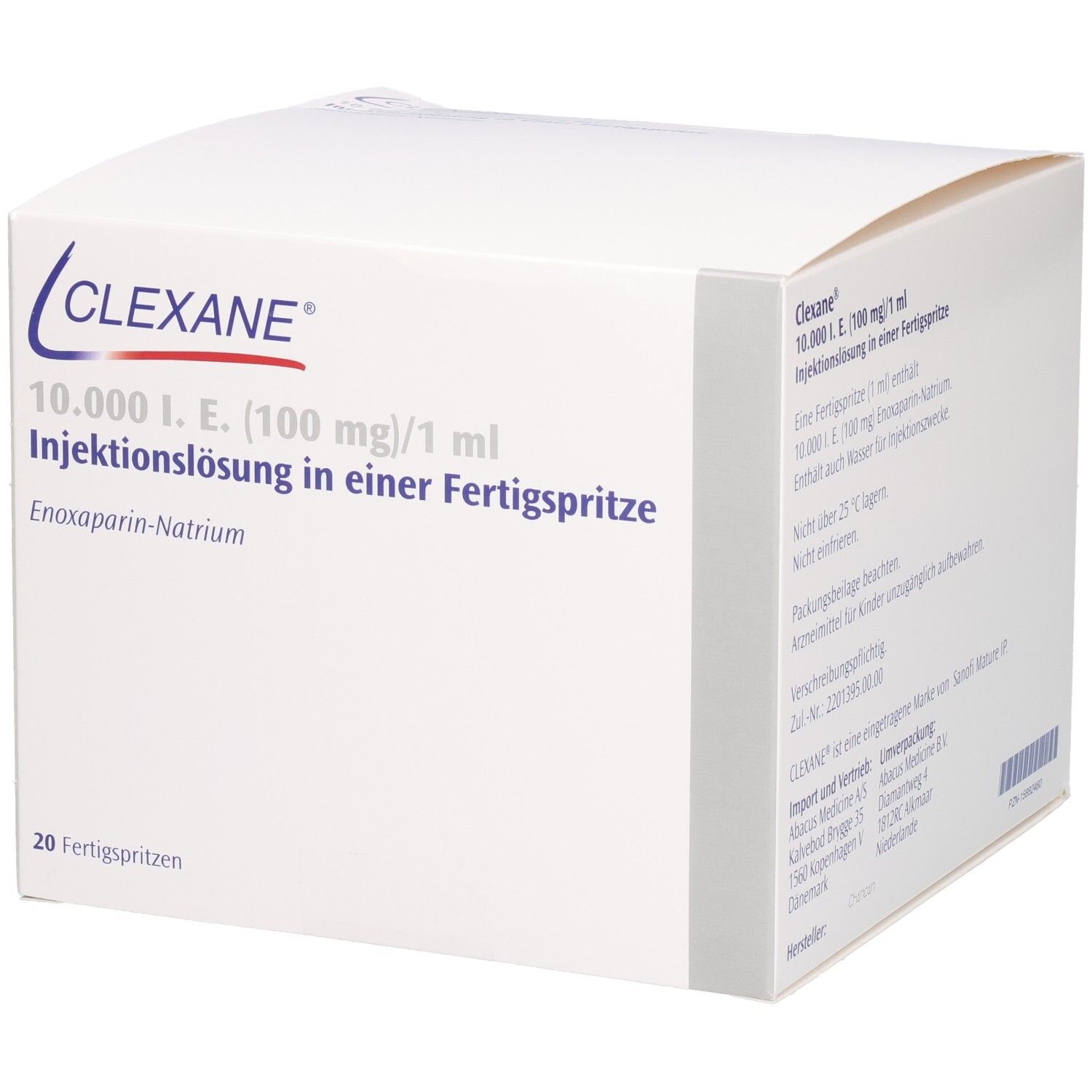 Weiße Faltschachtel mit Clexane-Logo und Produktinformationen. Ansicht von vorne und Seite.