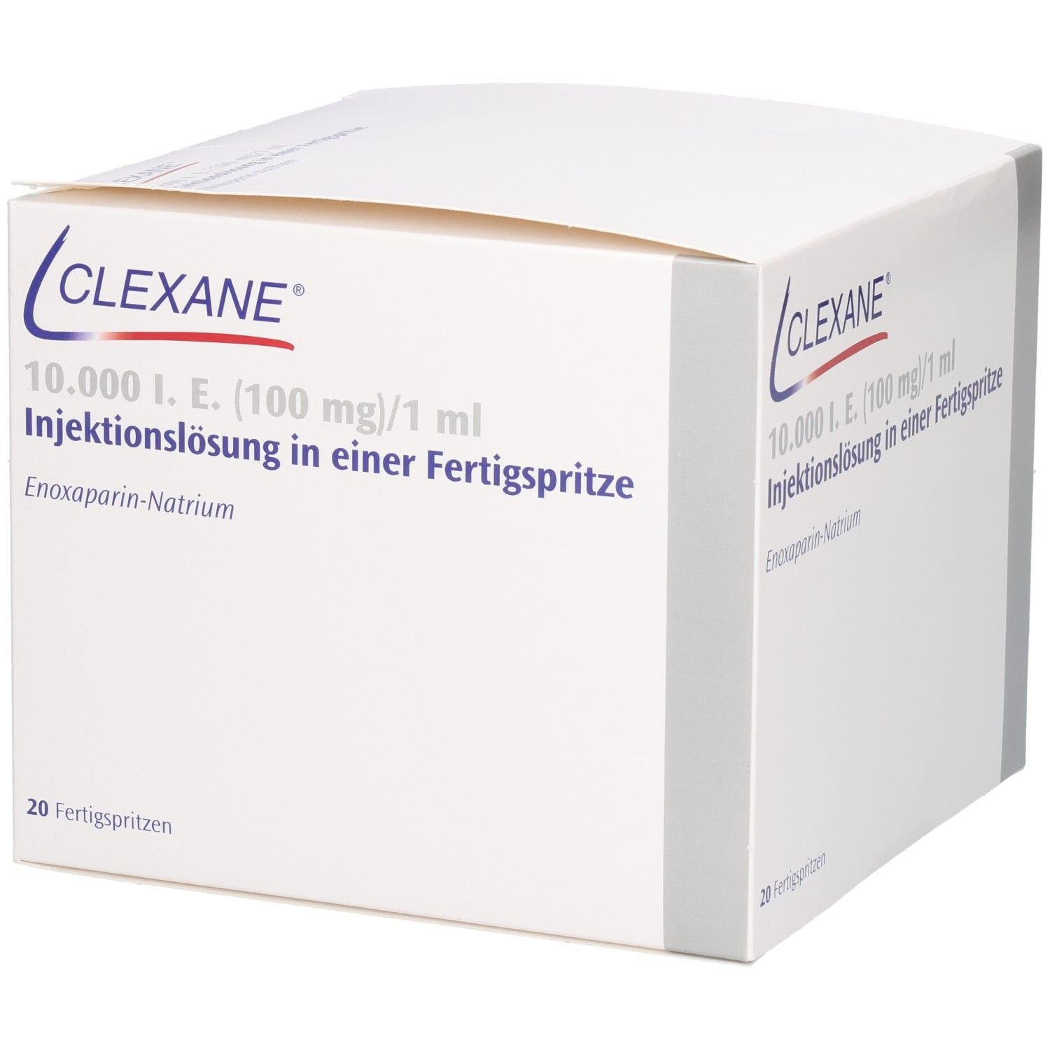 Weiße Faltschachtel mit Clexane-Logo und Produktinformationen. Ansicht von vorne und Seite.