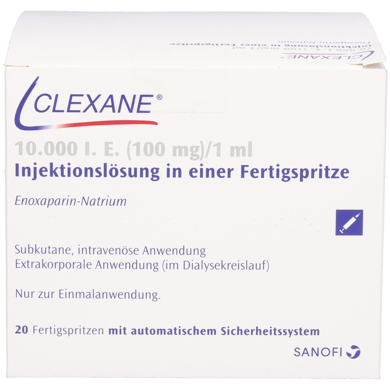 Weiße Faltschachtel mit Clexane-Logo und Produktinformationen. Enthält 20 Fertigspritzen mit Sicherheitsmechanismus.