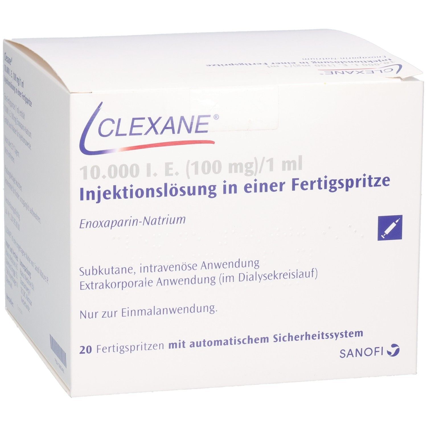 Weiße Faltschachtel mit Clexane-Logo und Produktinformationen. Enthält 20 Fertigspritzen mit Sicherheitsmechanismus.