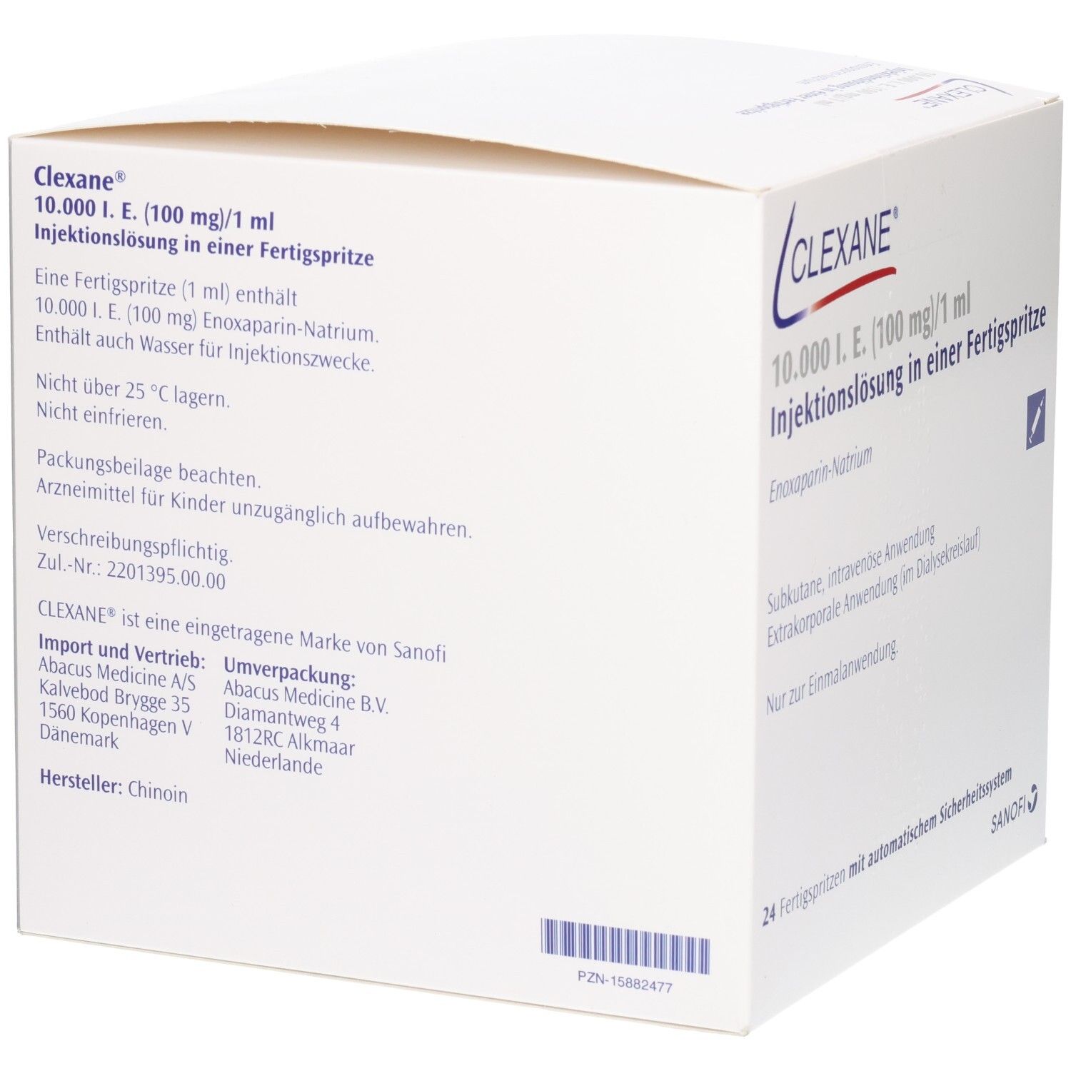 Clexane 10.000 I.E. Injektionslösung in Fertigspritze, Rückseite mit Anwendungshinweisen.