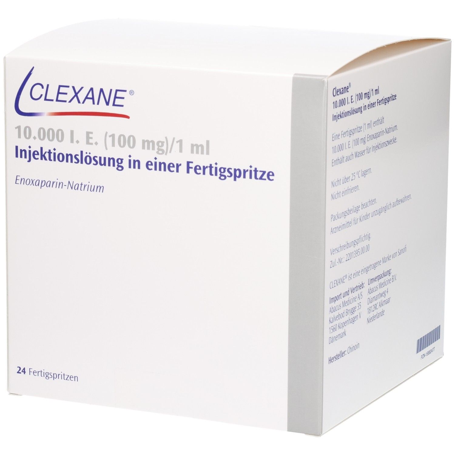 Clexane 10.000 I.E. Injektionslösung in Fertigspritze, Seitenansicht.