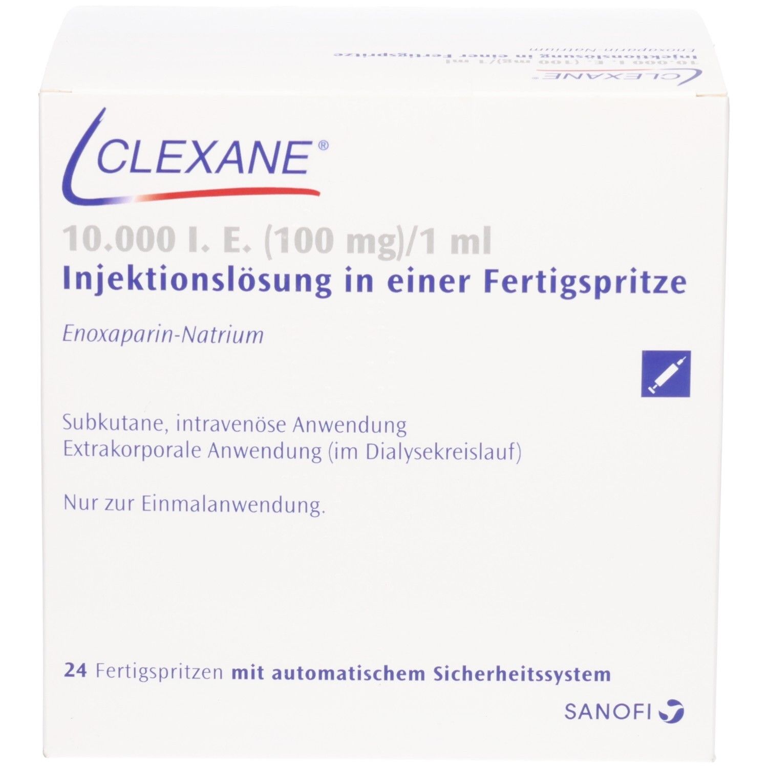 Clexane 10.000 I.E. Injektionslösung in Fertigspritze, mit Anwendungshinweisen.