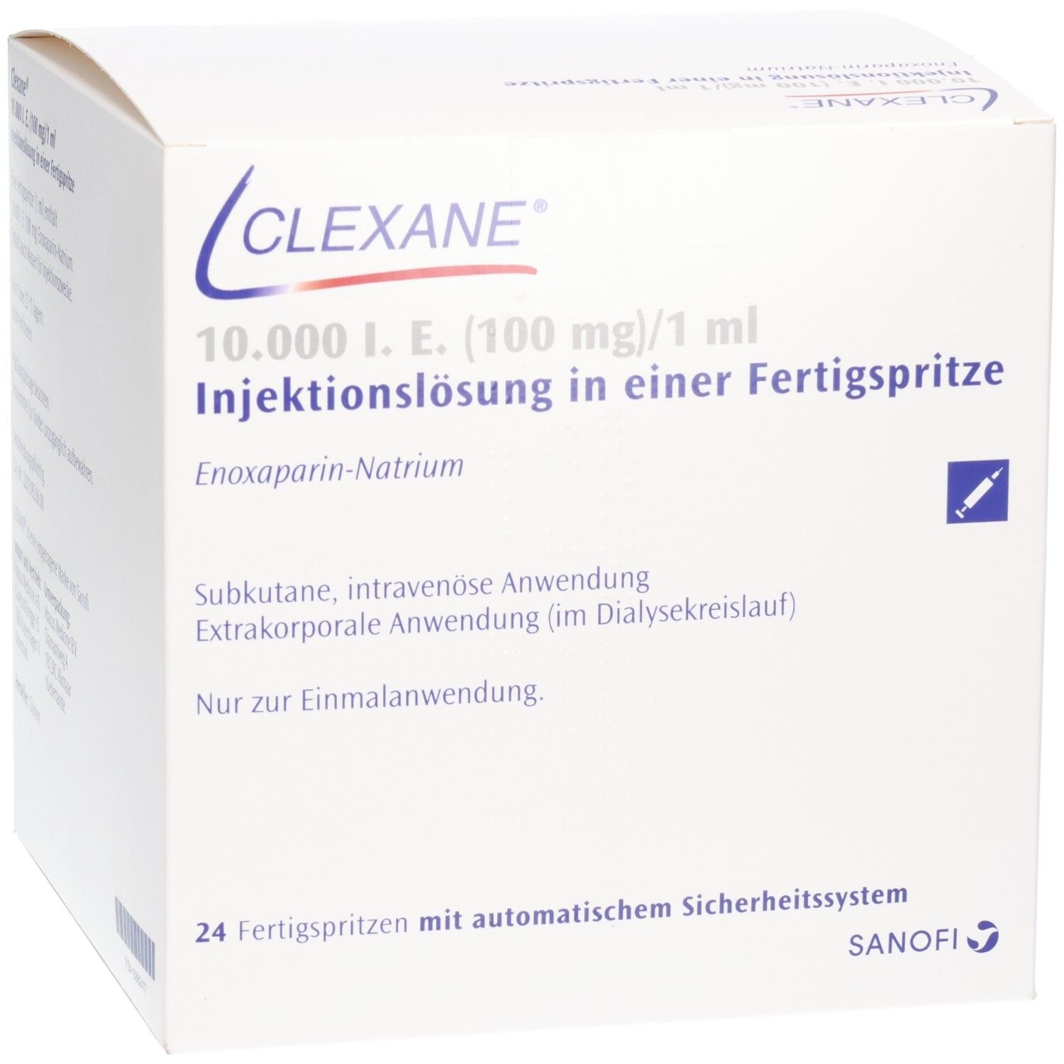 Clexane 10.000 I.E. Injektionslösung in Fertigspritze, 24 Stück mit Sicherheitssystem.