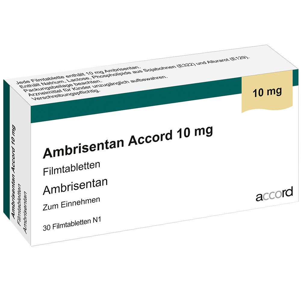 Schachtel Ambrisentan Accord 10 mg. Aufschrift: Filmtabletten, 30 Tabletten, accord. 10 mg Dosierung.