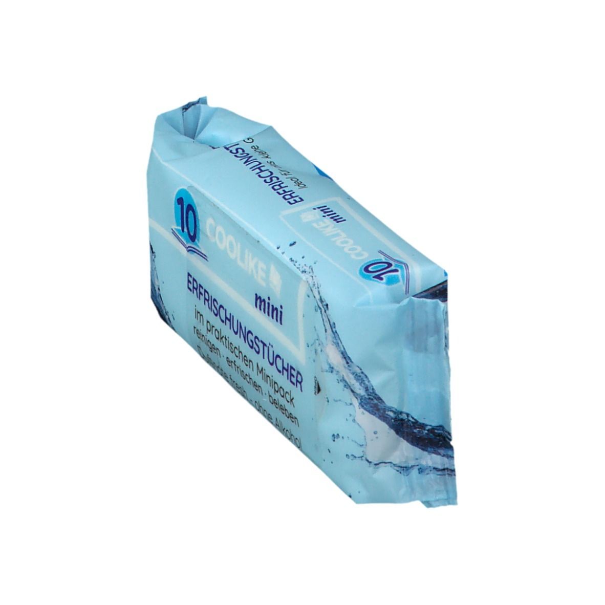 Schräg gestellte Packung COOLIKE mini Erfrischungstücher. Hellblaue Verpackung mit Produktnamen und Inhaltsangaben.