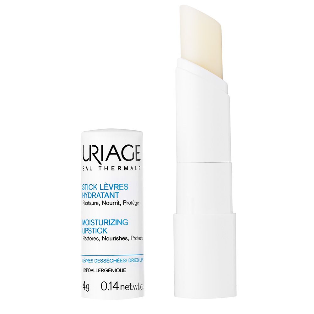 Weißer Lippenpflegestift und offener Stift. Aufschrift: URIAGE, STICK LÈVRES HYDRATANT, MOISTURIZING LIPSTICK.
