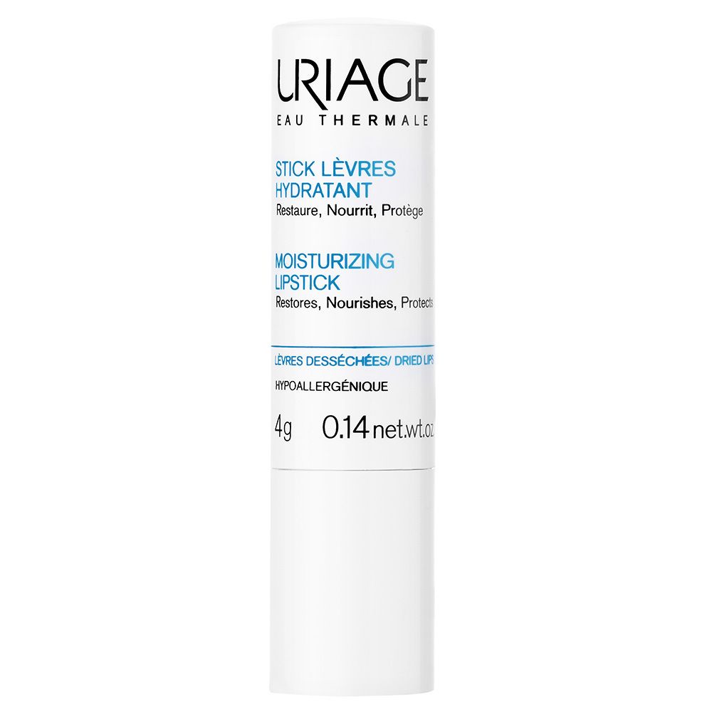 Weißer Lippenpflegestift. Aufschrift: URIAGE, STICK LÈVRES HYDRATANT, MOISTURIZING LIPSTICK.