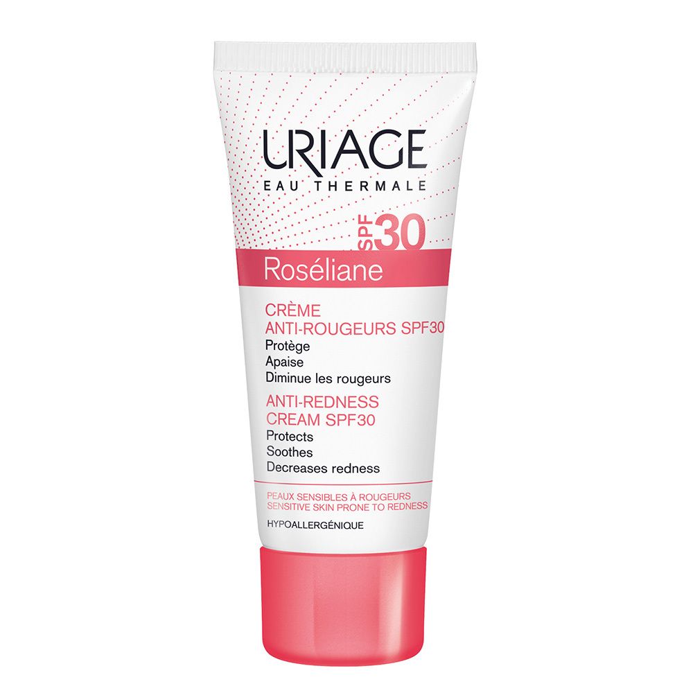 Weiße Tube mit rotem Verschluss. Aufschrift: URIAGE, Roséliane, SPF 30. Creme gegen Rötungen.