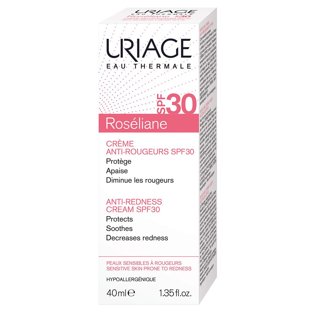 Kartonverpackung. Aufschrift: URIAGE, Roséliane, SPF 30. Creme gegen Rötungen. Enthält 40ml.