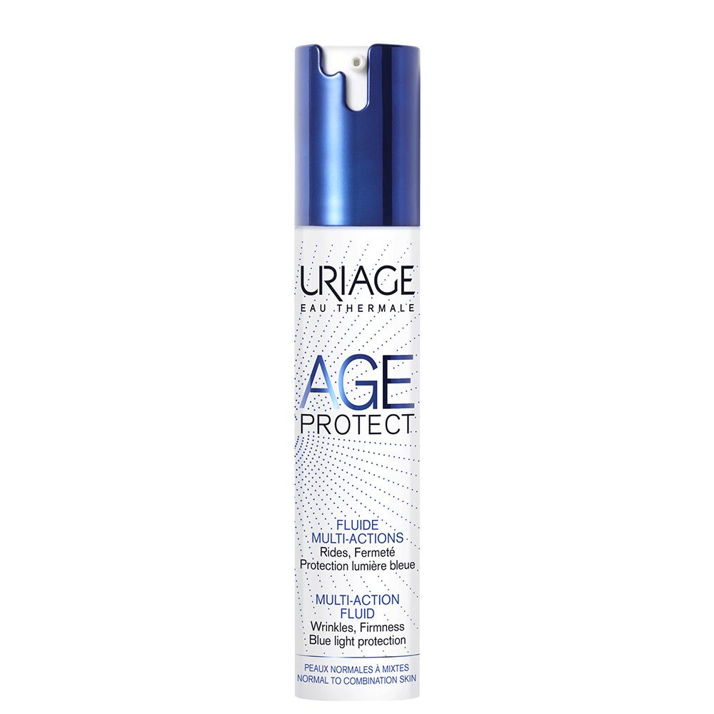 Uriage Age Protect Fluid. Weiße Flasche mit blauem Deckel. Text: Age Protect, Multi-Action Fluid.
