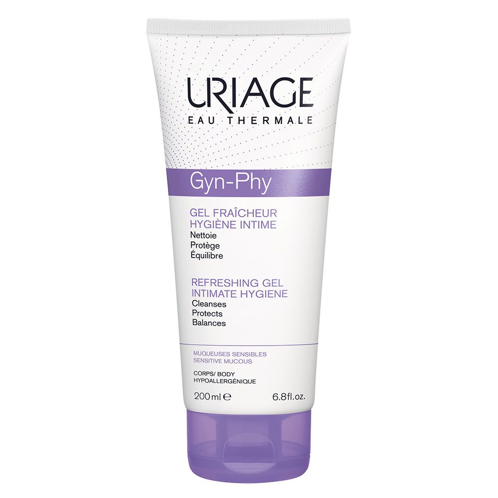 Weiß-lila Tube mit Produktnamen Uriage Gyn-Phy. Text: Gel Fraîcheur, Intimate Hygiene, Refreshing Gel. 200ml.