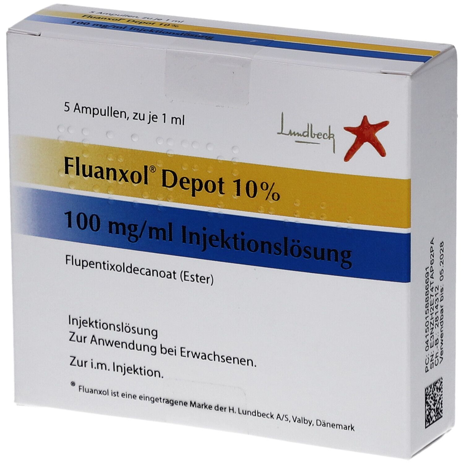 Karton mit Aufschrift "Fluanxol Depot 10%". Enthält 5 Ampullen. Logo von Lundbeck. Gelbe und blaue Streifen.