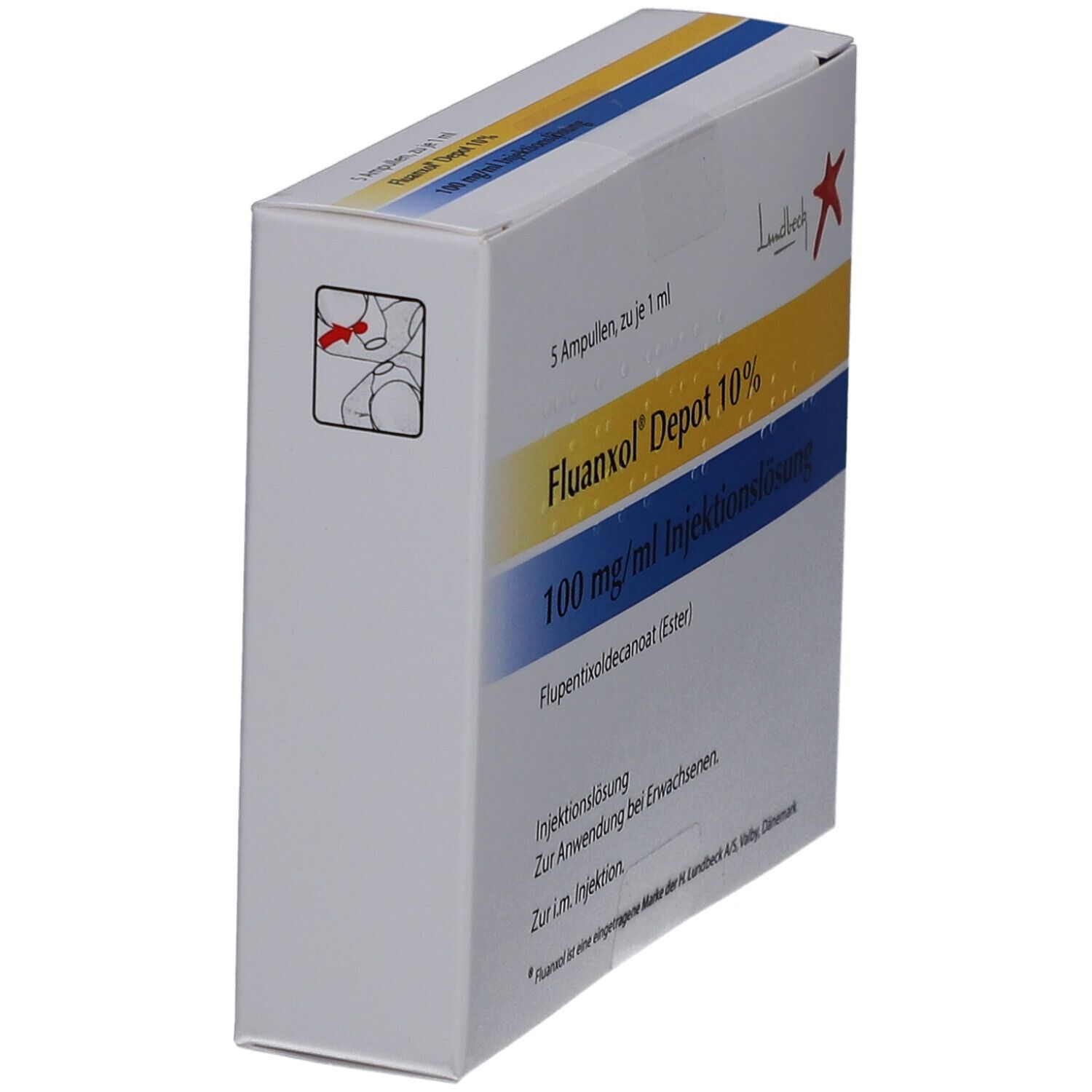 Schräg stehender Karton mit "Fluanxol Depot 10%". Logo von Lundbeck. Gelbe und blaue Streifen. Aufdruck mit Ampullen-Symbol.